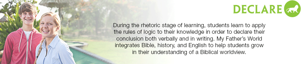 During the rhetoric stage of learning, students learn to apply the rules of logic to their knowledge in order to declare their conclusion both verbally and in writing. My Father's World integrates Bible, history, and English to help students grow in their understanding of a Biblical worldview.