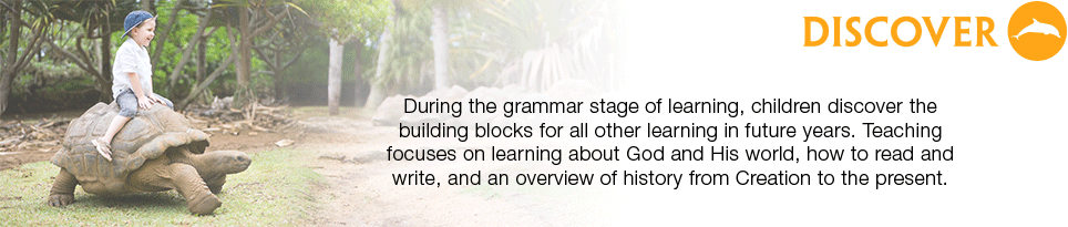 During the grammar stage of learning, children discover the building blocks for all other learning in future years. Teaching focuses on learning about God and His world, how to read and write, and an overview of history from Creation to the present.