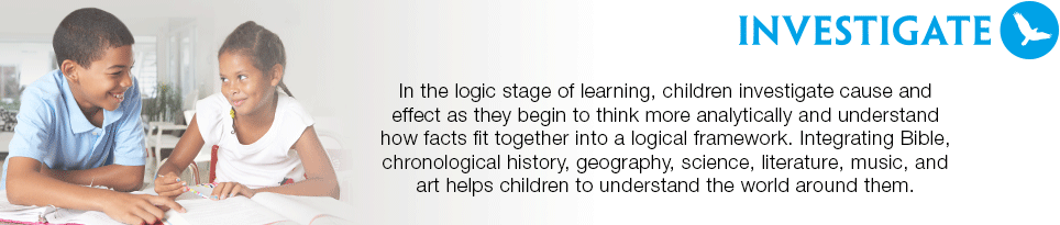 In the logic stage of learning, children investigate cause and effect as they begin to think more analytically and understand how facts fit together into a logical framework. Integrating Bible, chronological history, geography, science, literature, music, and art helps children to understand the world around them.