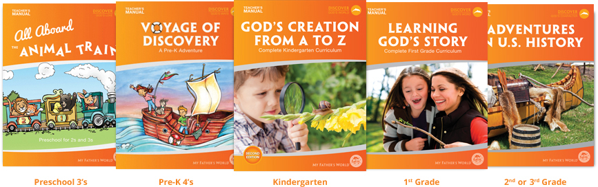 Covers of preschool, prek, kindergarten, first grade, second grade and third grade teacher's manuals