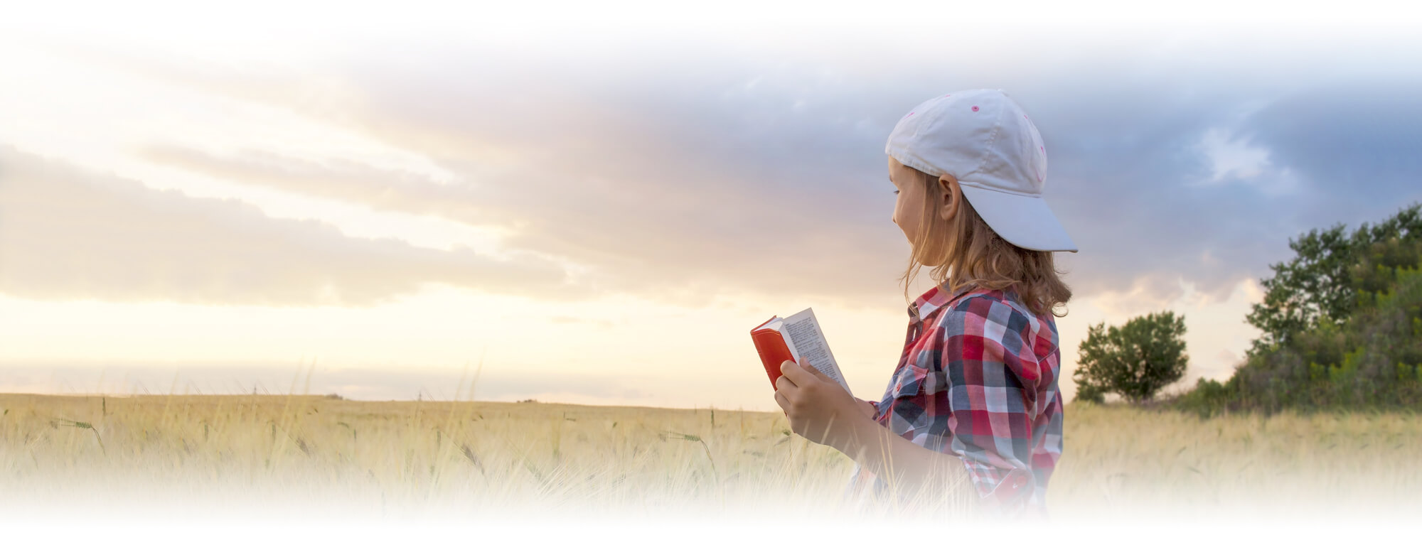 student girl reading Bible in field