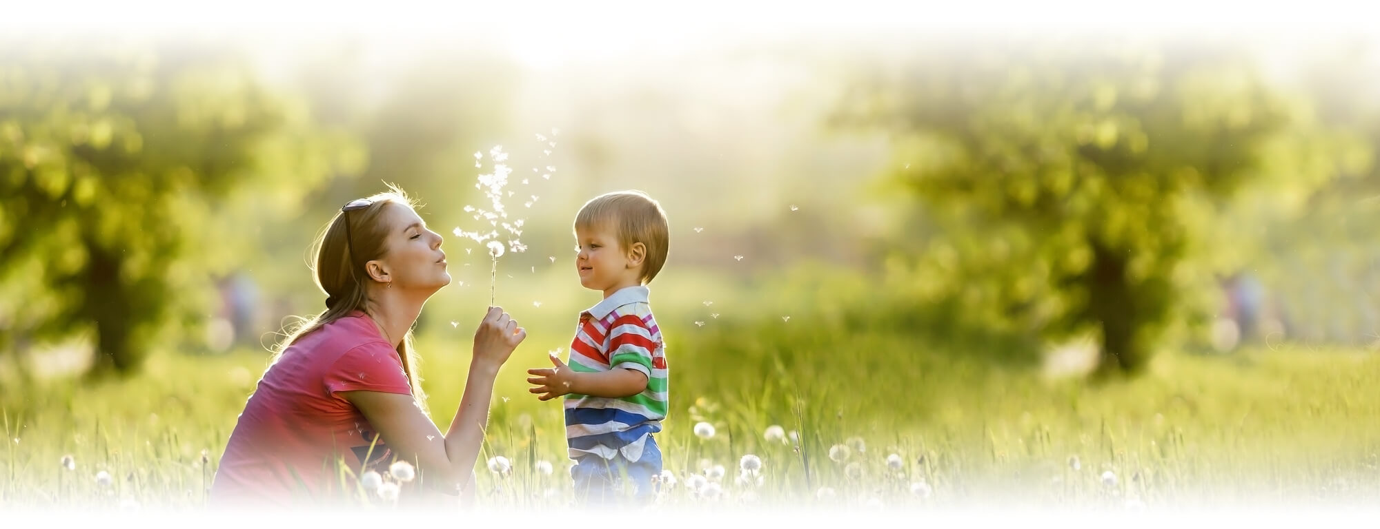 Mother and preschool child in field with dandelions